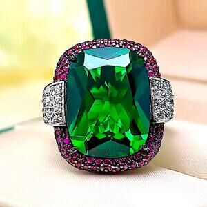 Emerald Green Statement Ring with Pink Halo
